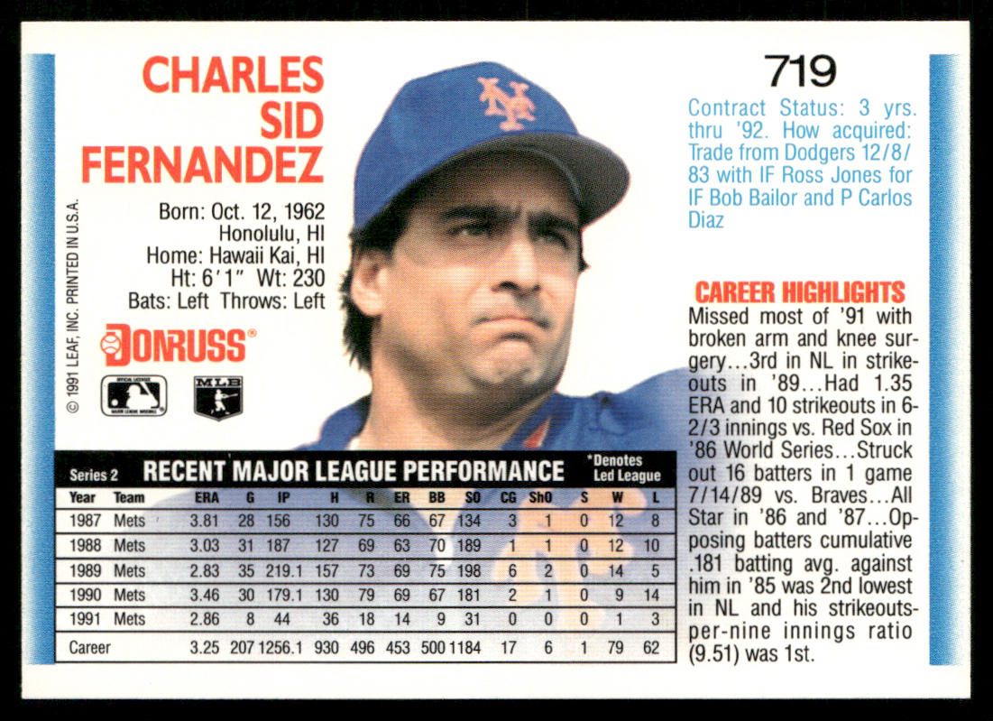 Sid Fernandez 1992 Donruss #719 New York Mets