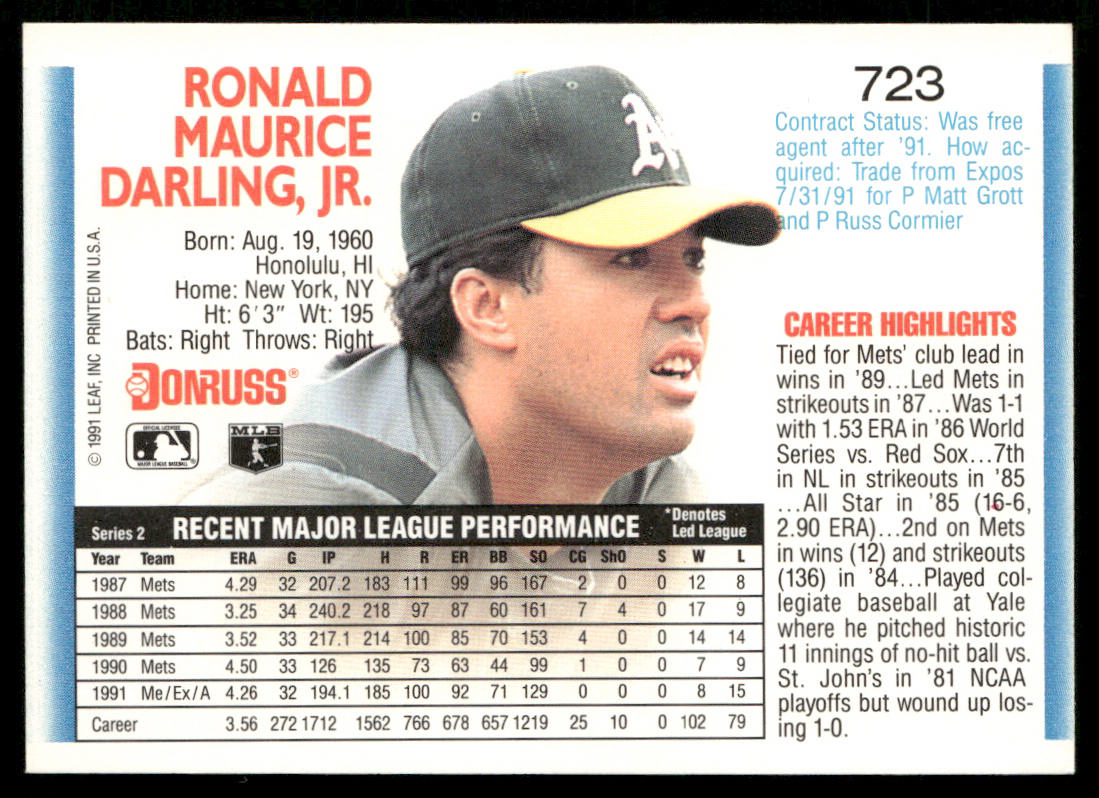 Ron Darling 1992 Donruss #723b Oakland Athletics