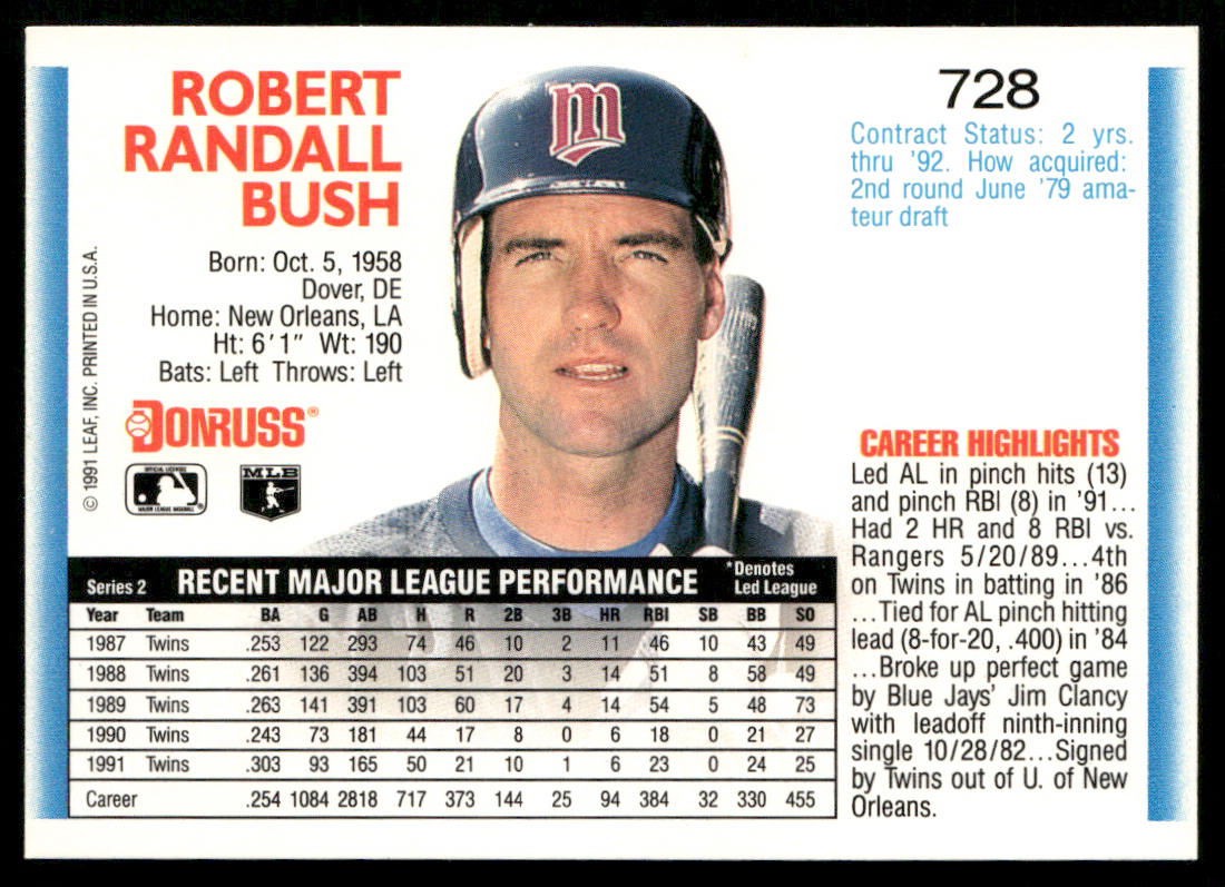 Randy Bush 1992 Donruss #728 Minnesota Twins