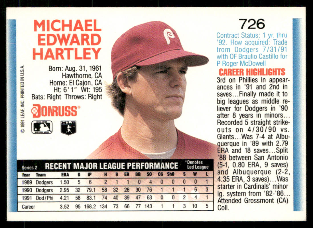 Mike Hartley 1992 Donruss #726b Philadelphia Phillies back