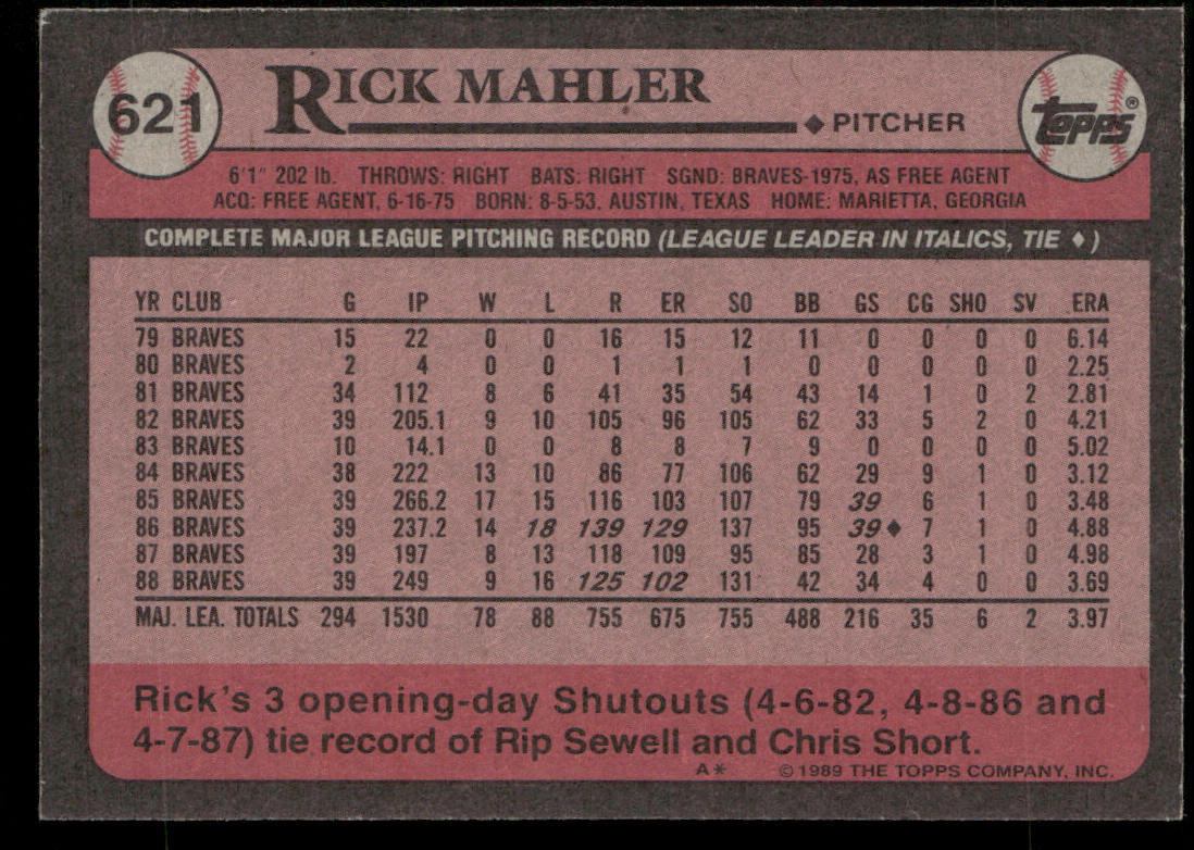 Rick Mahler 1989 Topps #621 Atlanta Braves