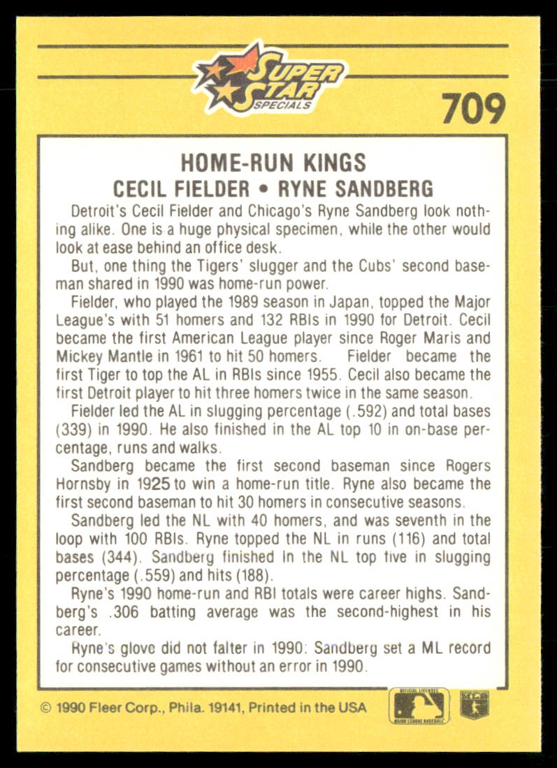 Home Run Kings (Ryne Sandberg / Cecil Fielder) 1991 Fleer #709 back