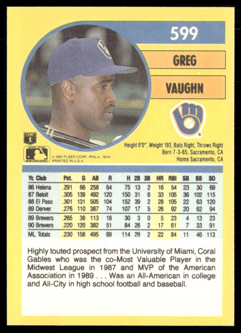 Greg Vaughn 1991 Fleer #599b Milwaukee Brewers back