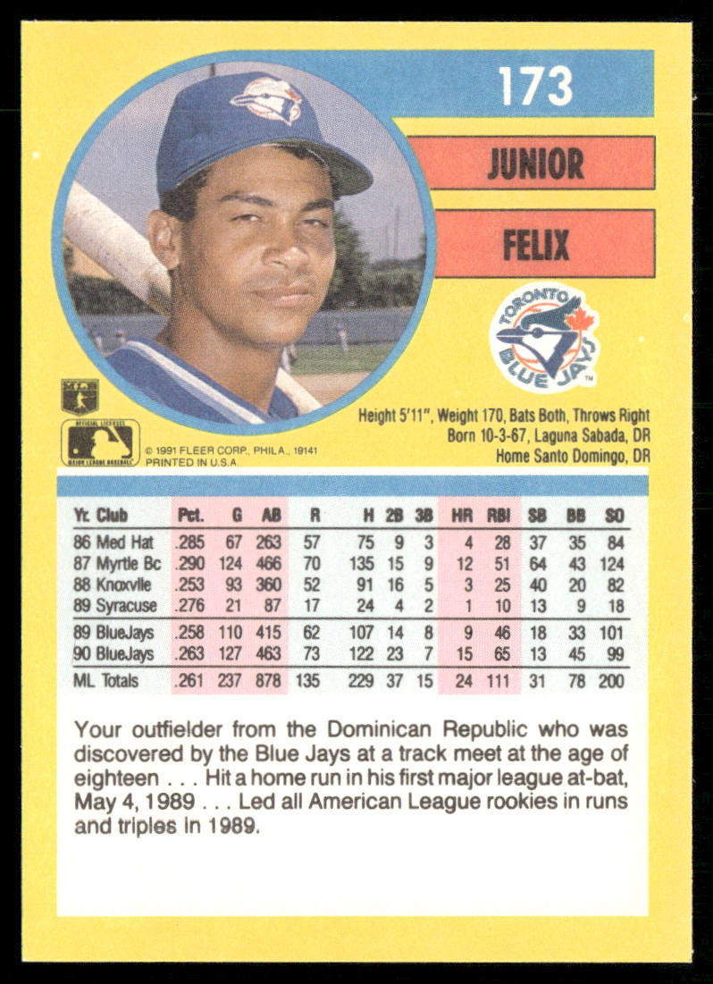 Junior Felix 1991 Fleer #173a Toronto Blue Jays back