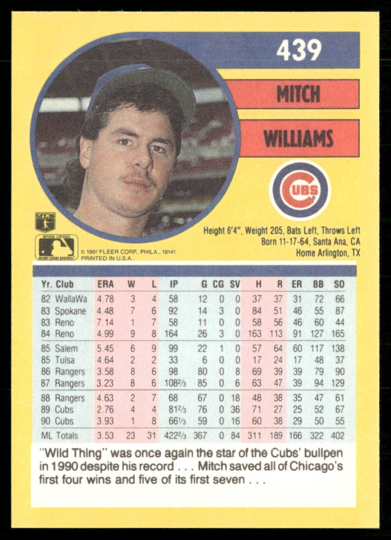 Mitch Williams 1991 Fleer #439a Chicago Cubs back