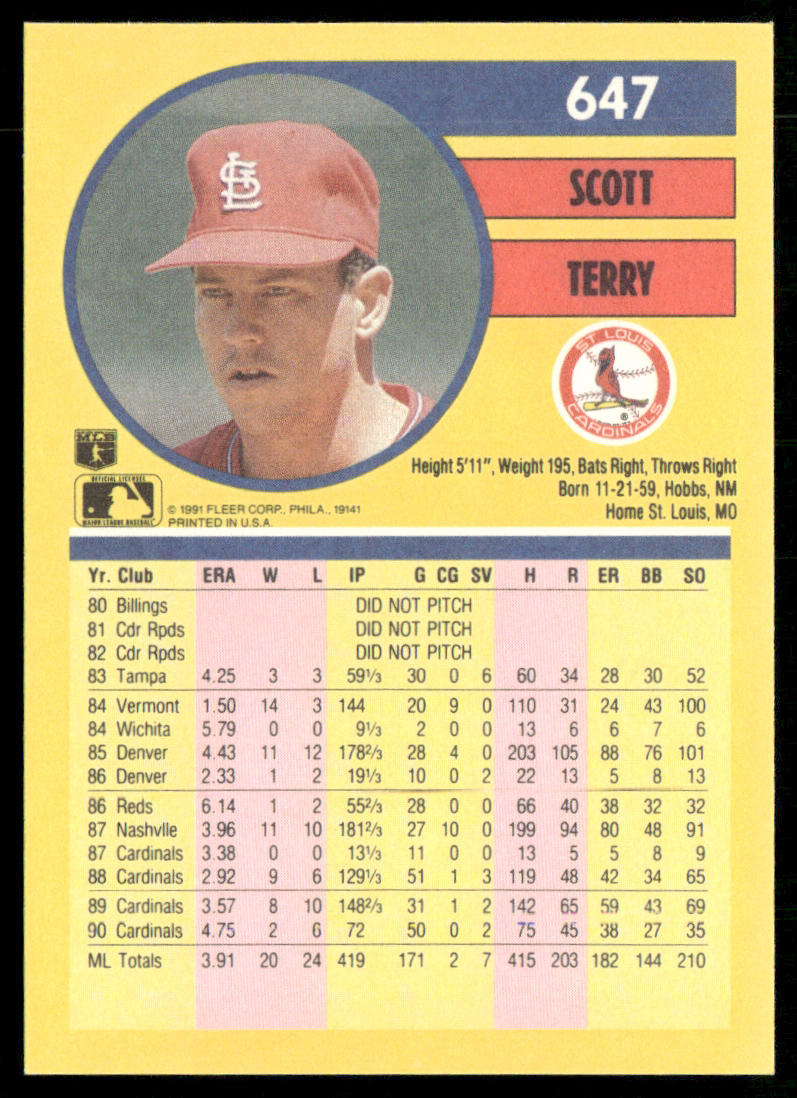 Scott Terry 1991 Fleer #647b St. Louis Cardinals back