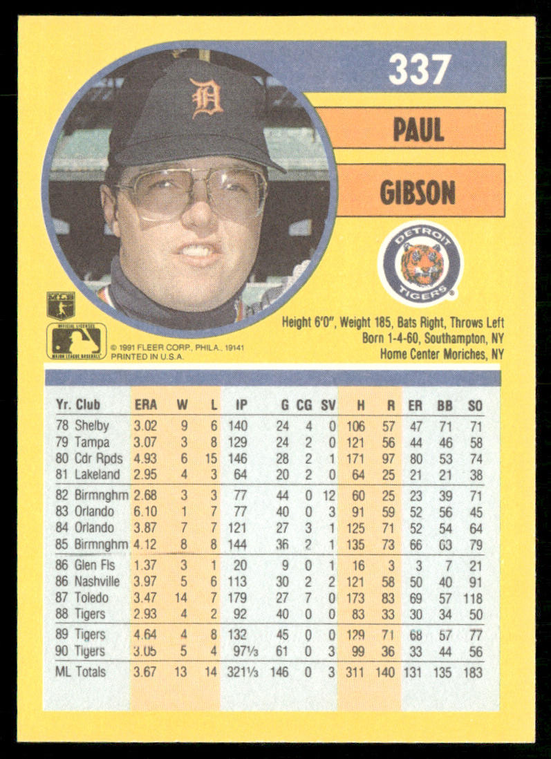 Paul Gibson 1991 Fleer #337b Detroit Tigers
