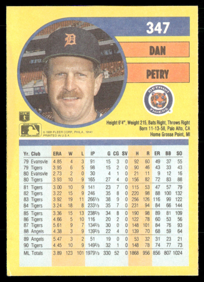 Dan Petry 1991 Fleer #347 Detroit Tigers back