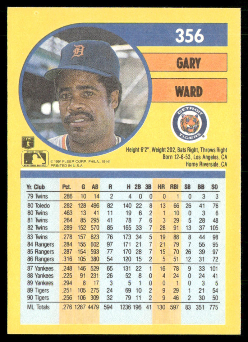 Gary Ward 1991 Fleer #356b Detroit Tigers back