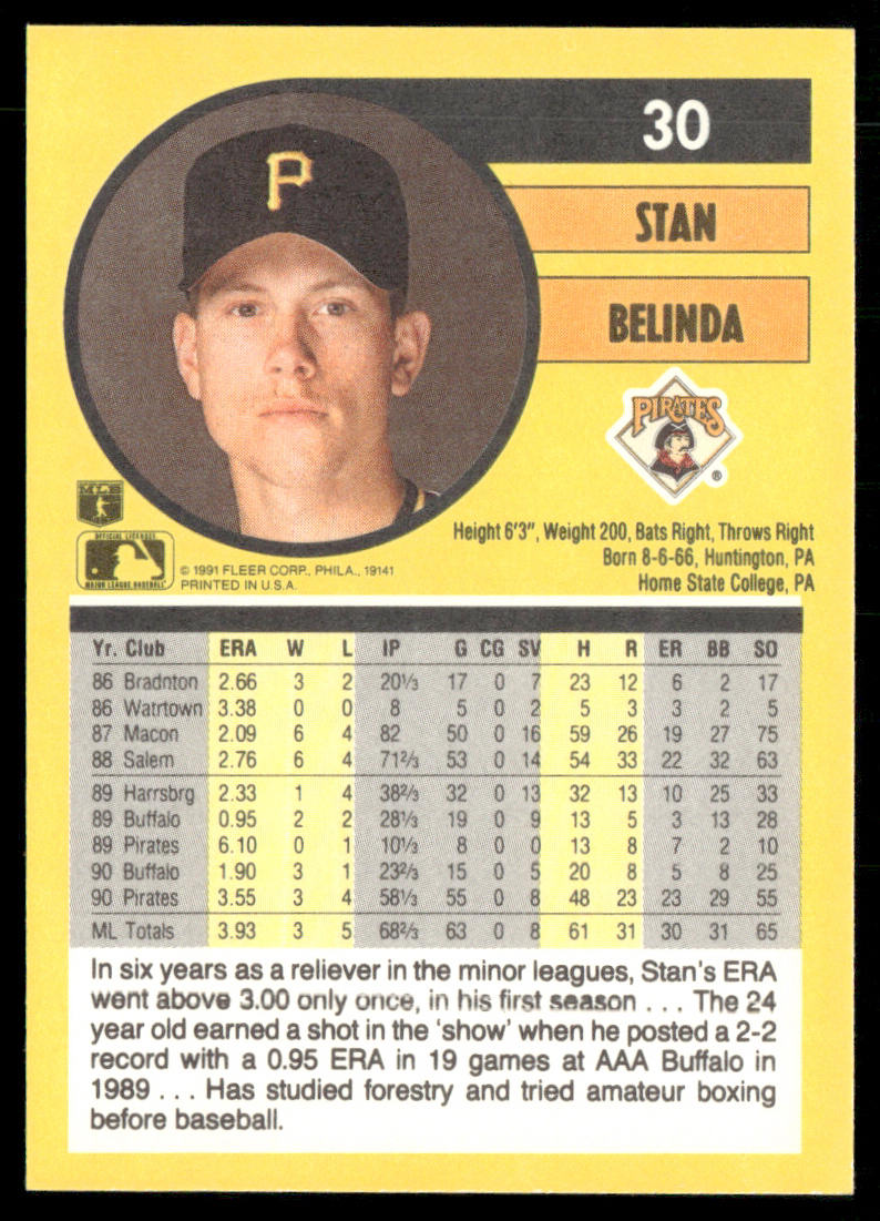 Stan Belinda 1991 Fleer #30 Pittsburgh Pirates