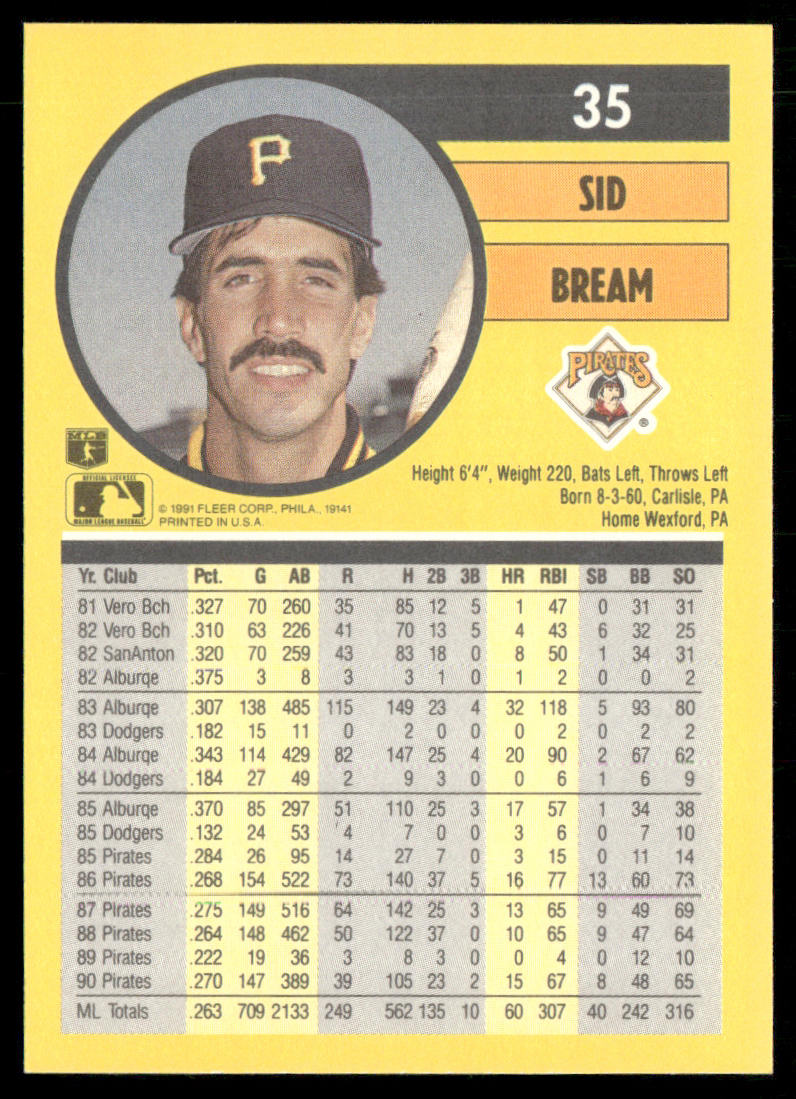 Sid Bream 1991 Fleer #35 Pittsburgh Pirates