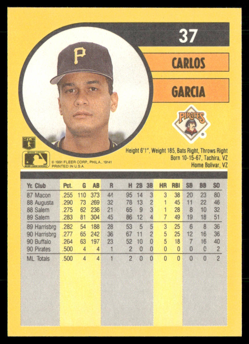 Carlos Garcia 1991 Fleer #37 RC Pittsburgh Pirates back