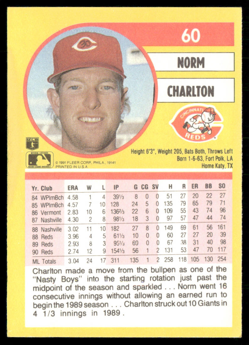 Norm Charlton 1991 Fleer #60b Cincinnati Reds