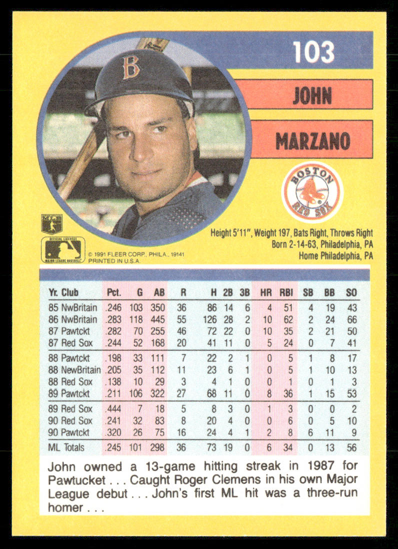 John Marzano 1991 Fleer #103 Boston Red Sox back