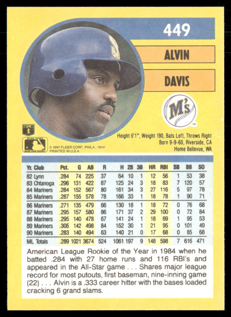 Alvin Davis 1991 Fleer #449 Seattle Mariners back