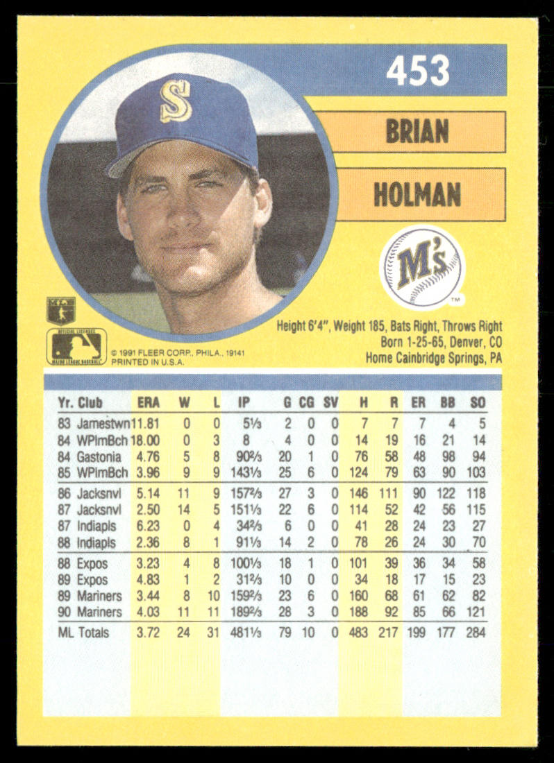 Brian Holman 1991 Fleer #453 Seattle Mariners back