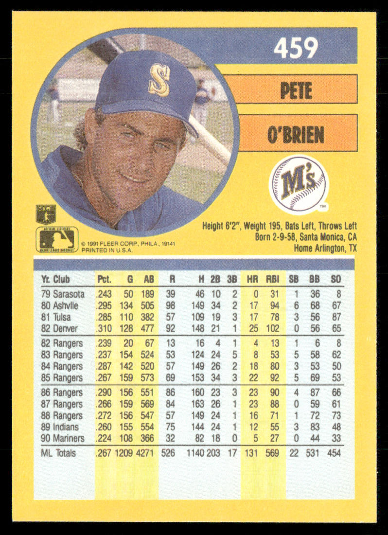 Pete O'Brien 1991 Fleer #459 Seattle Mariners