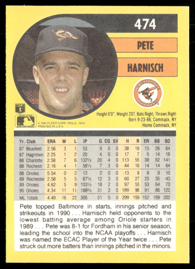 Pete Harnisch 1991 Fleer #474b Baltimore Orioles