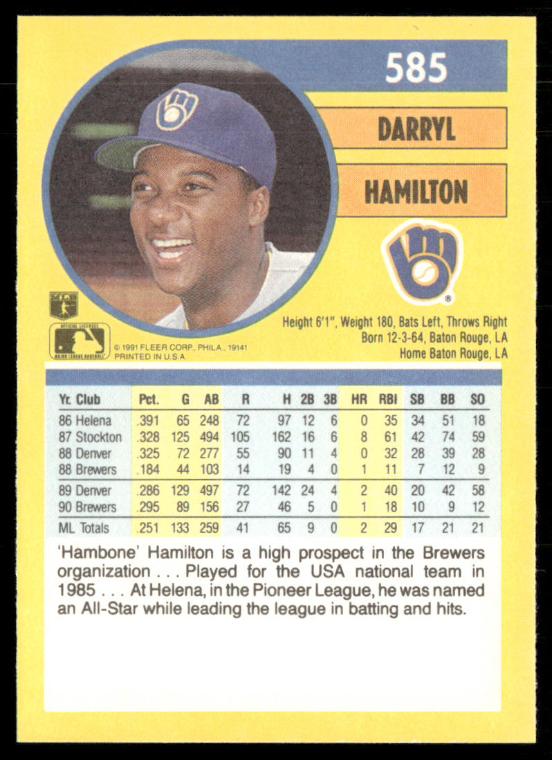 Darryl Hamilton 1991 Fleer #585b Milwaukee Brewers back