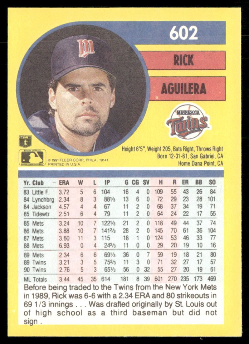 Rick Aguilera 1991 Fleer #602 Minnesota Twins