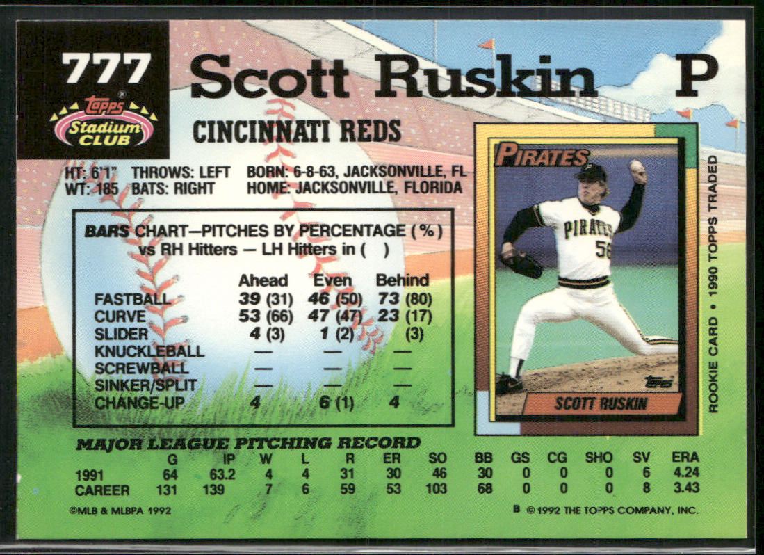 Scott Ruskin 1992 Stadium Club #777b Cincinnati Reds