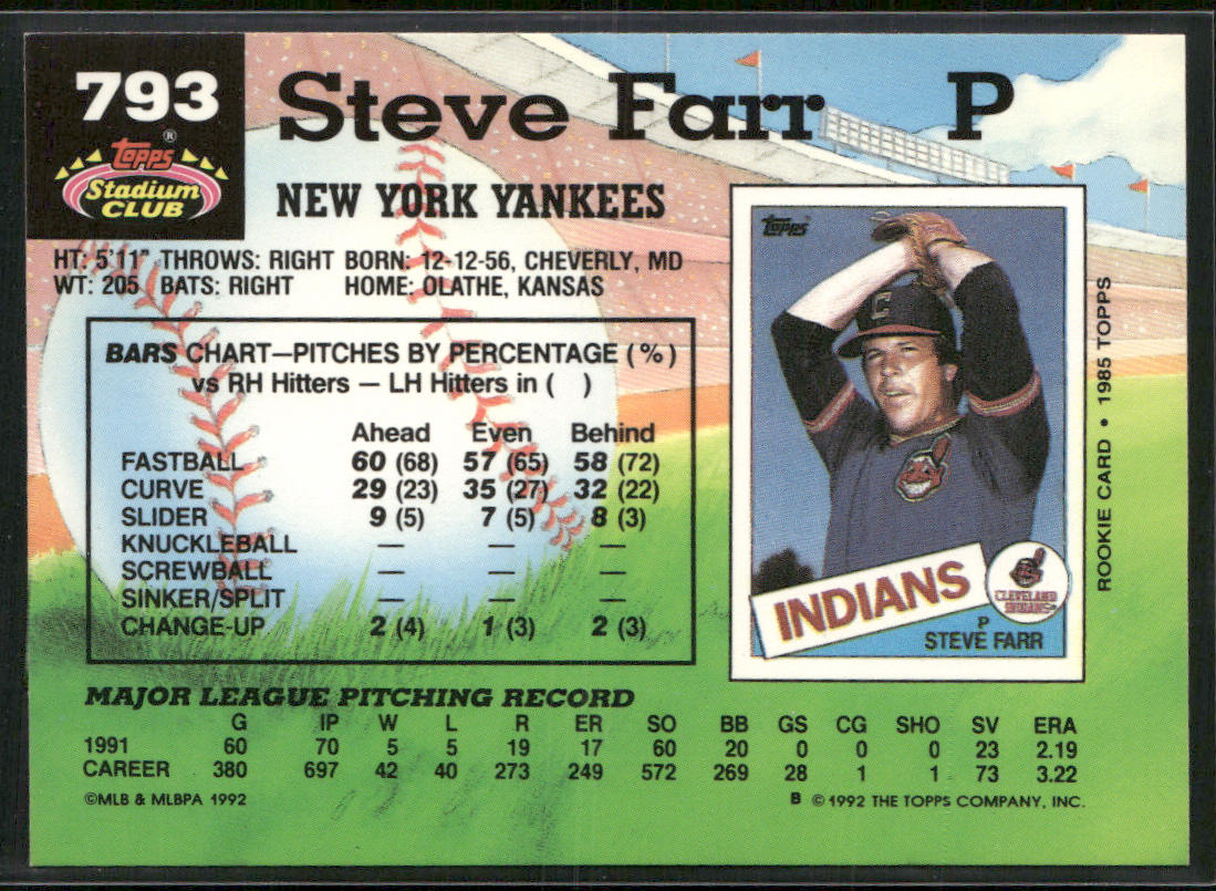 Steve Farr 1992 Stadium Club #793b New York Yankees