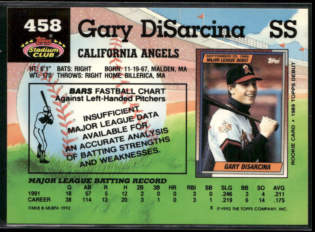 Gary DiSarcina 1992 Stadium Club #458 California Angels