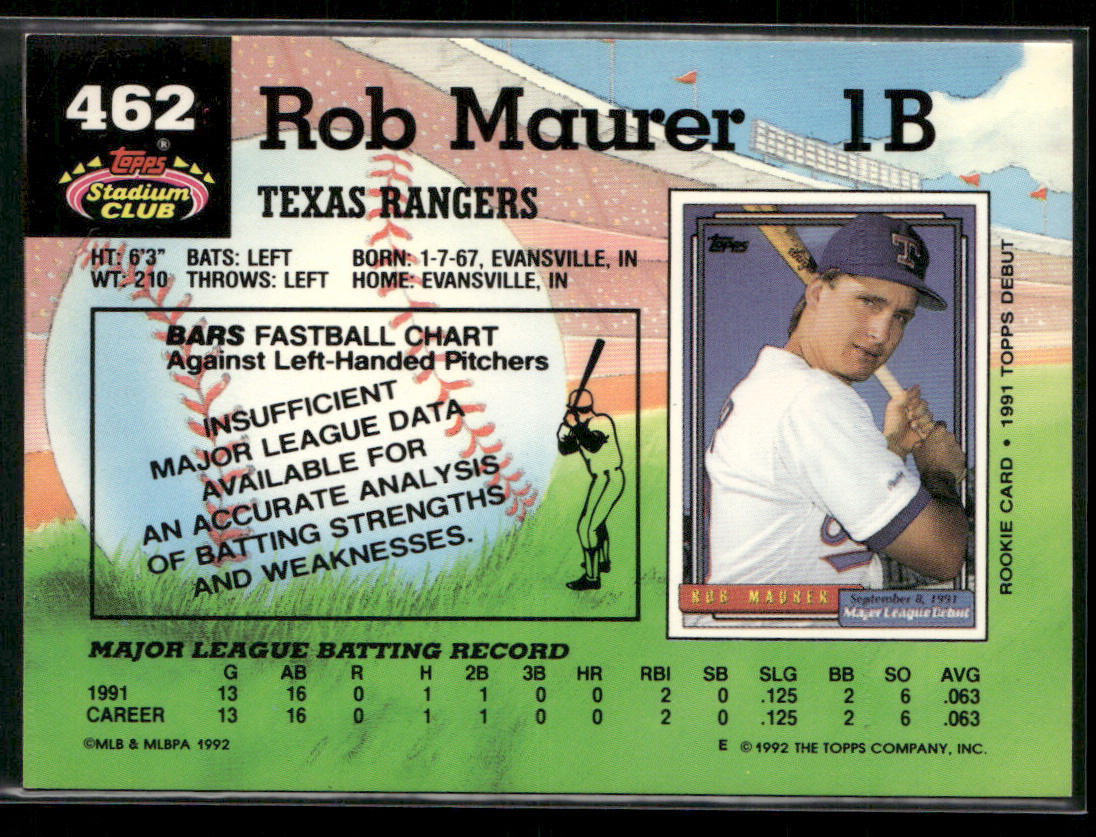 Rob Maurer 1992 Stadium Club #462b RC Texas Rangers