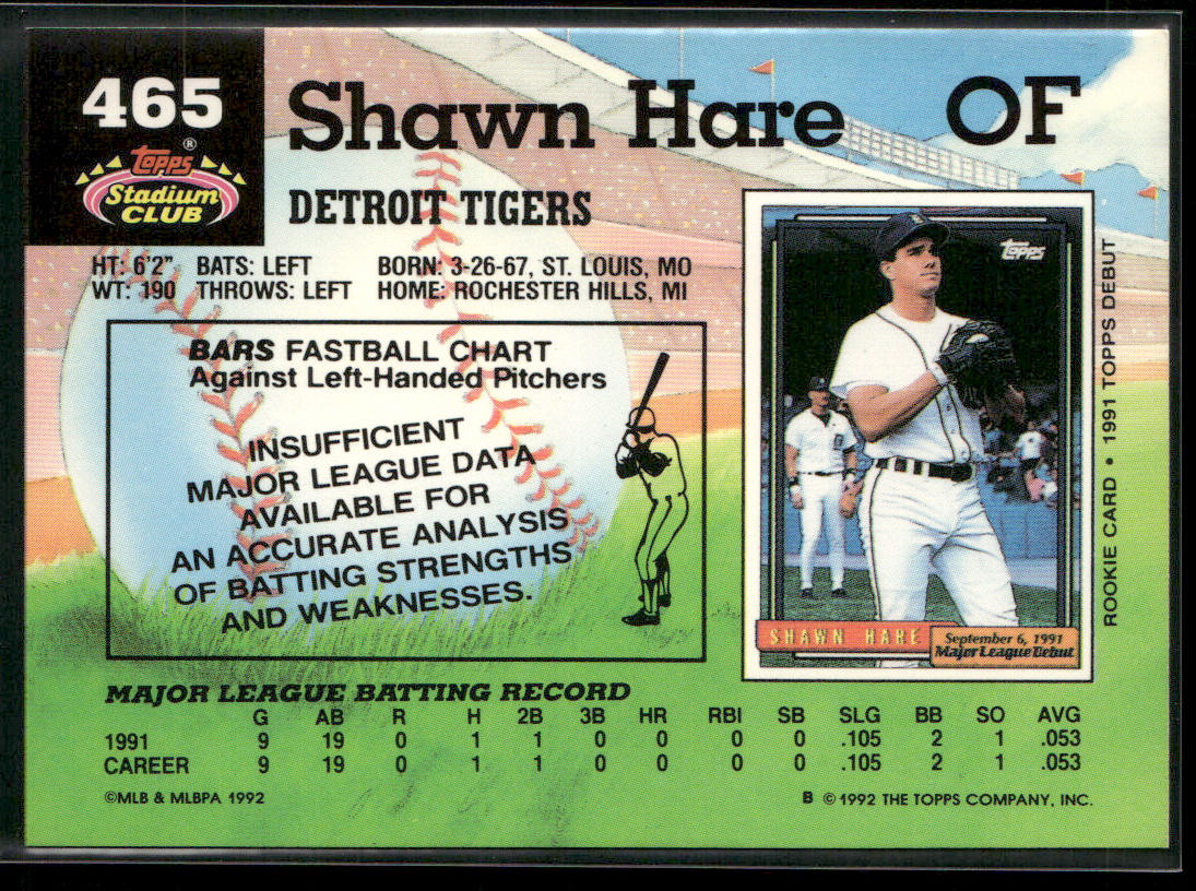Shawn Hare 1992 Stadium Club #465b RC Detroit Tigers