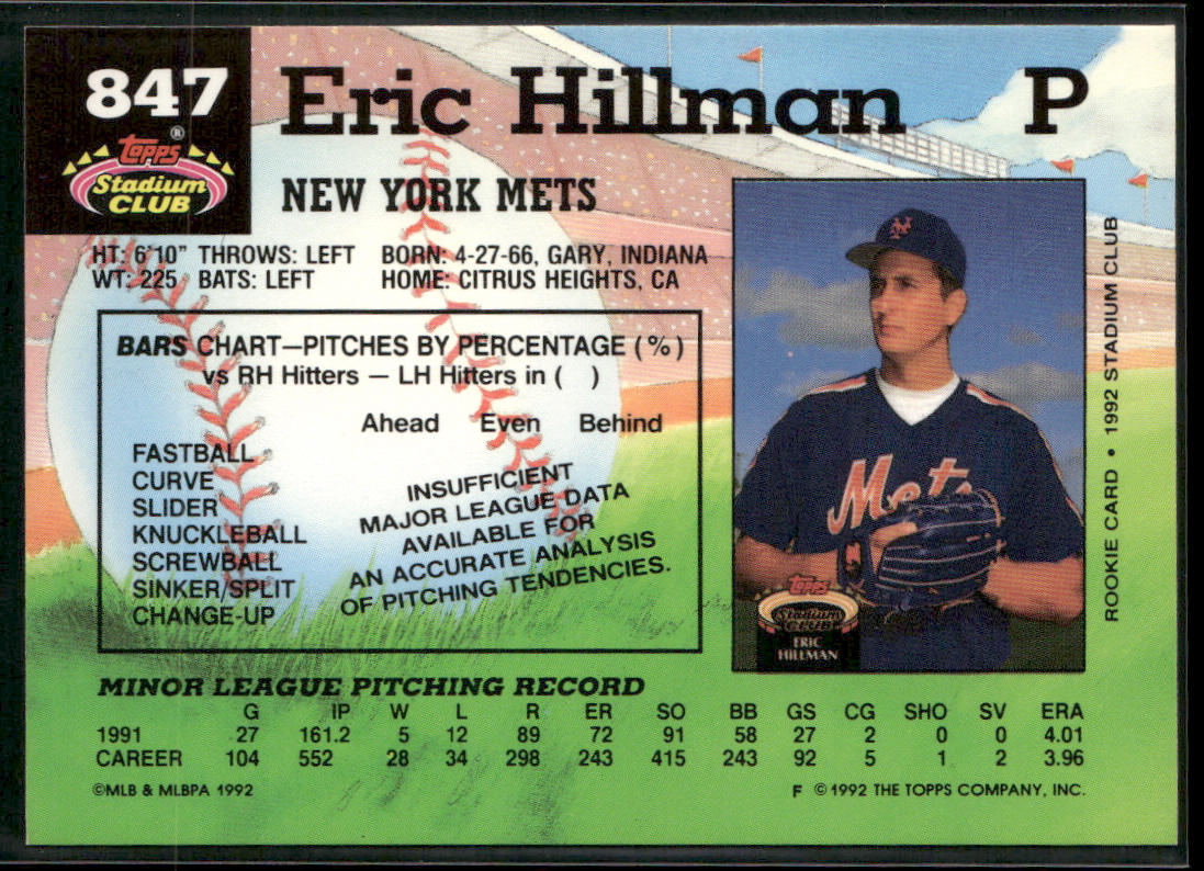Eric Hillman 1992 Stadium Club #847b RC New York Mets