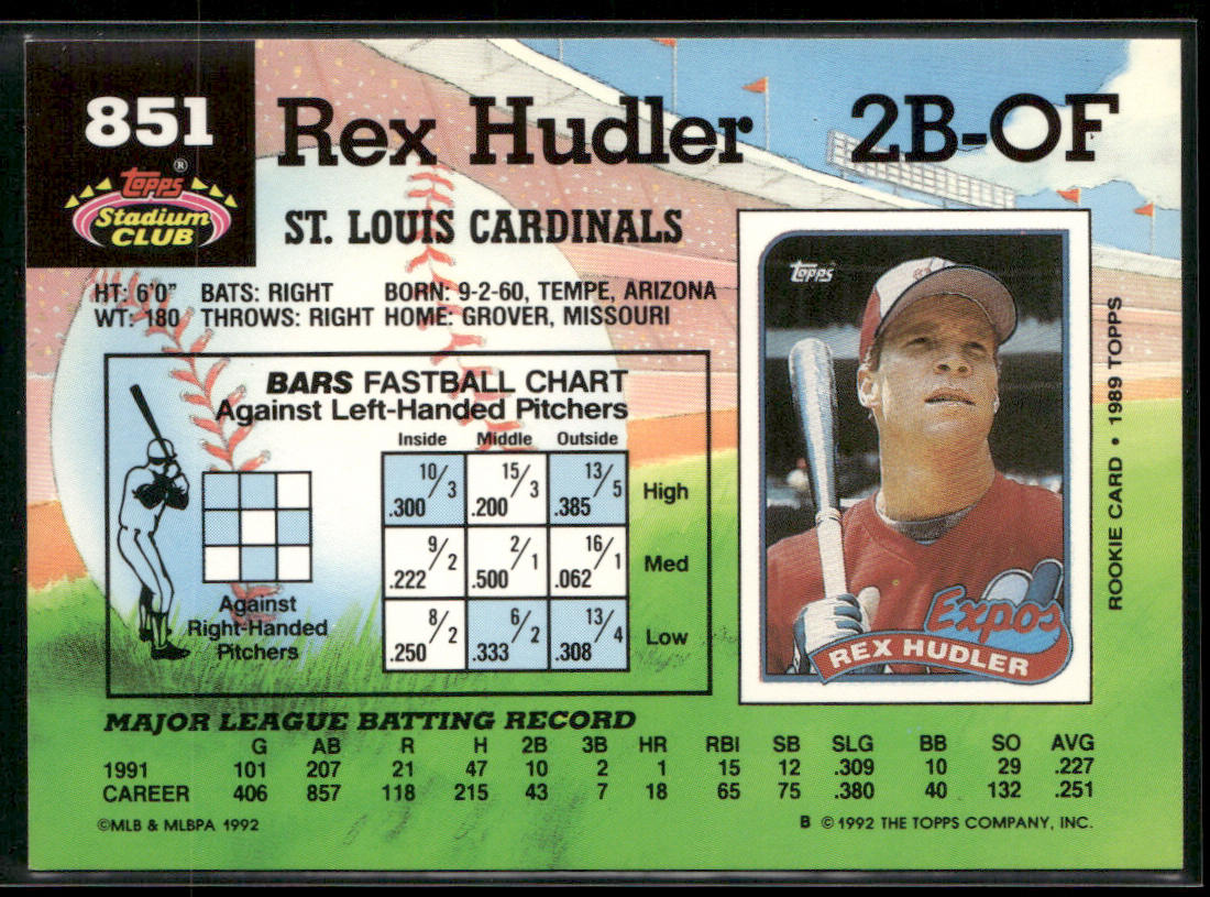 Rex Hudler 1992 Stadium Club #851 St. Louis Cardinals