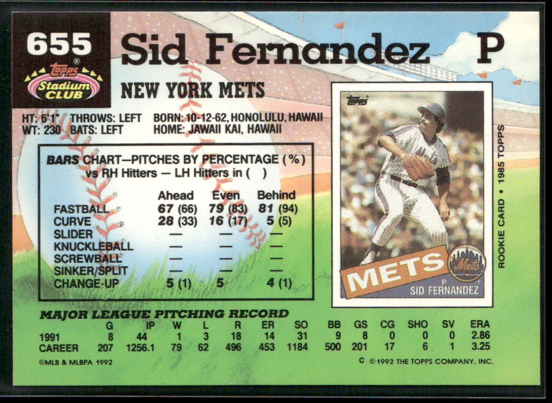 Sid Fernandez 1992 Stadium Club #655b New York Mets