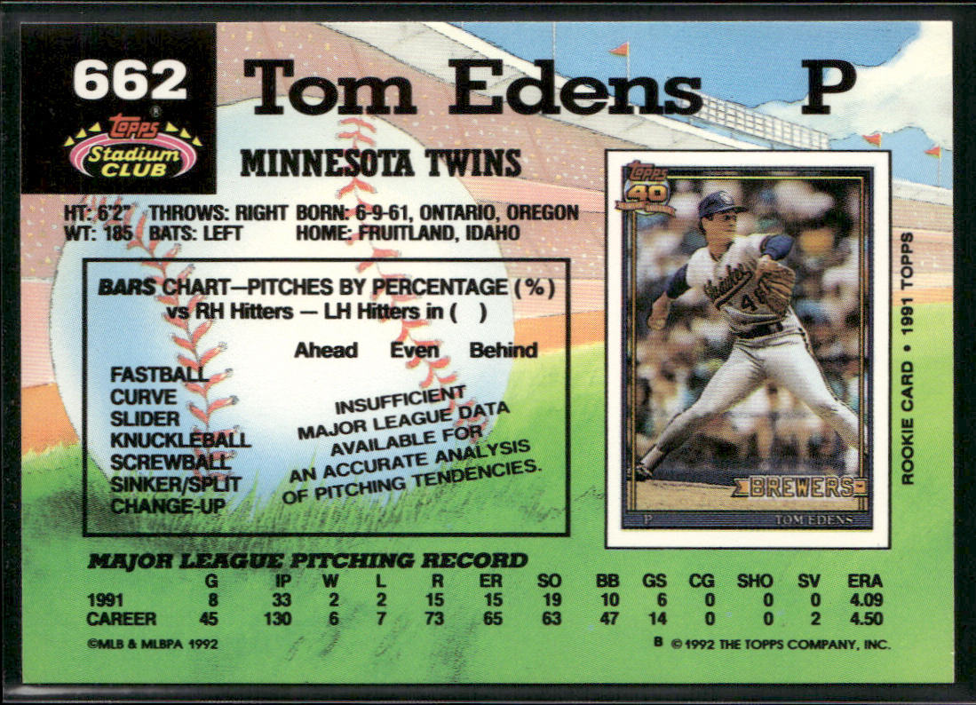 Tom Edens 1992 Stadium Club #662b Minnesota Twins
