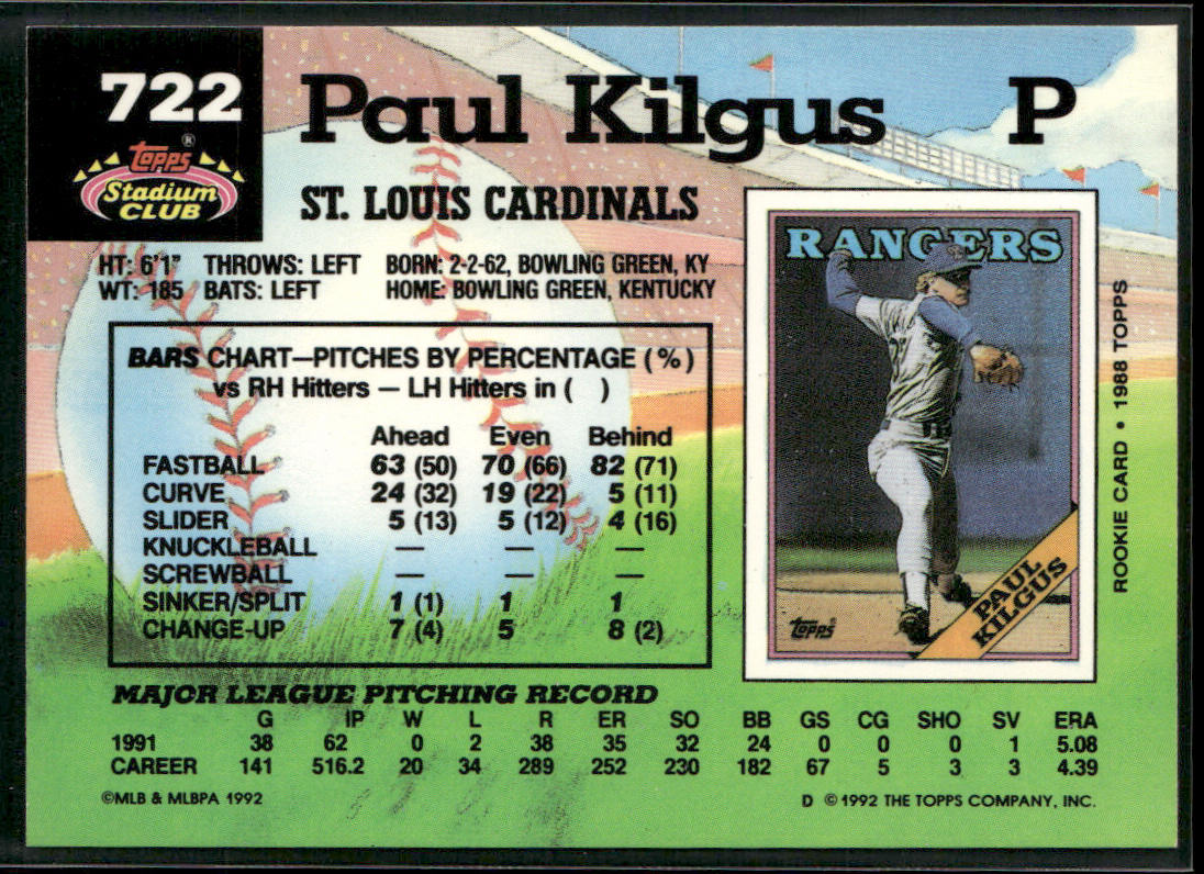 Paul Kilgus 1992 Stadium Club #722b St. Louis Cardinals
