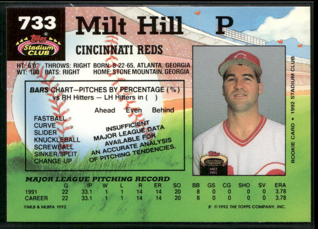 Milt Hill 1992 Stadium Club #733b RC Cincinnati Reds