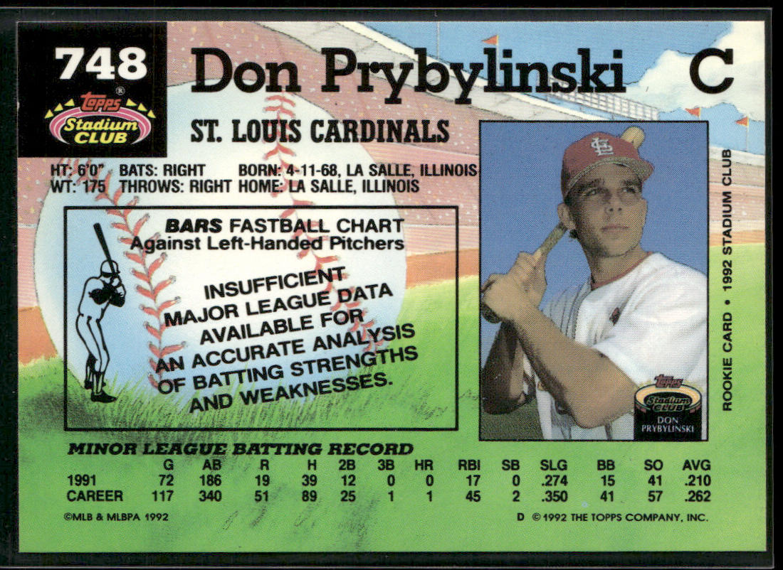 Don Prybylinski 1992 Stadium Club #748 RC St. Louis Cardinals