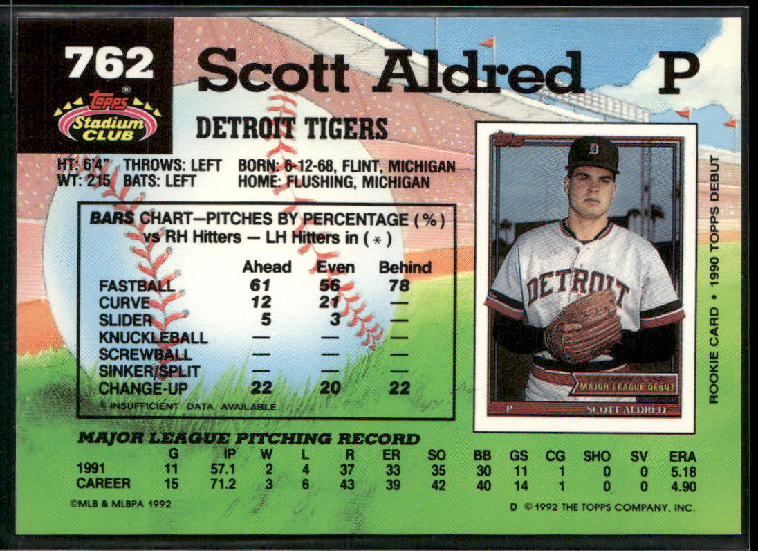 Scott Aldred 1992 Stadium Club #762 Detroit Tigers