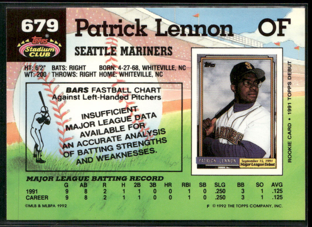 Patrick Lennon 1992 Stadium Club #679b Seattle Mariners