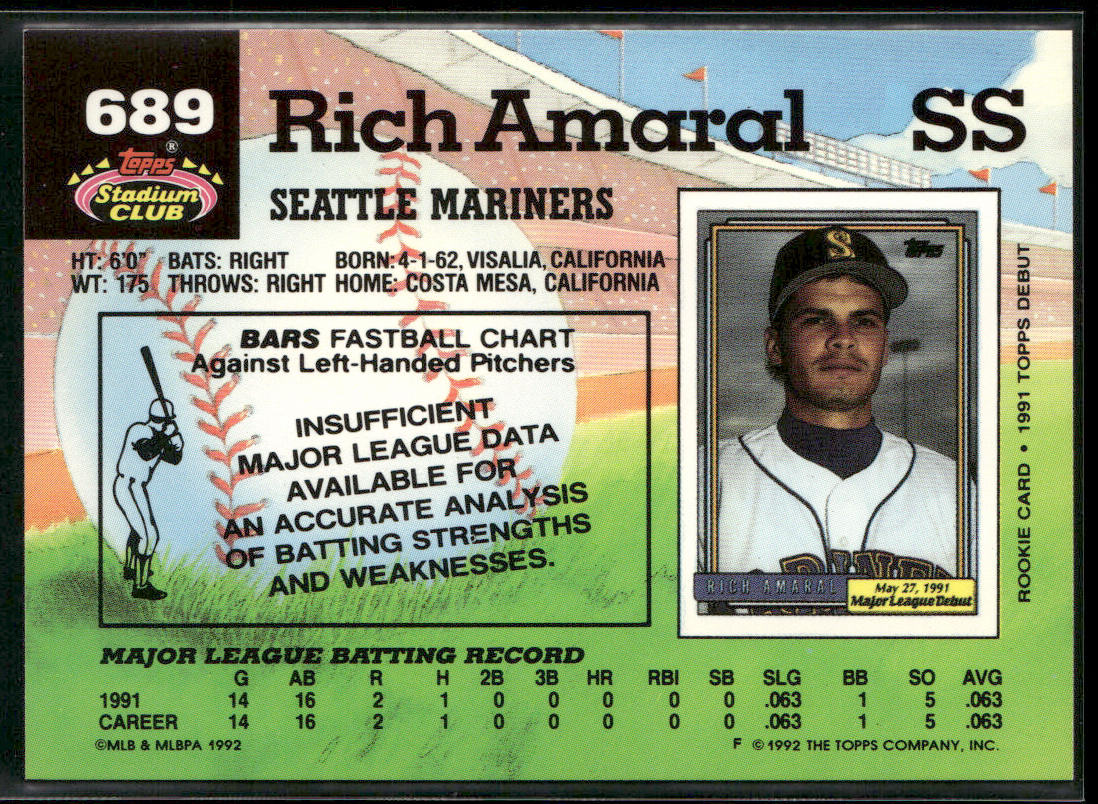 Rich Amaral 1992 Stadium Club #689b RC Seattle Mariners