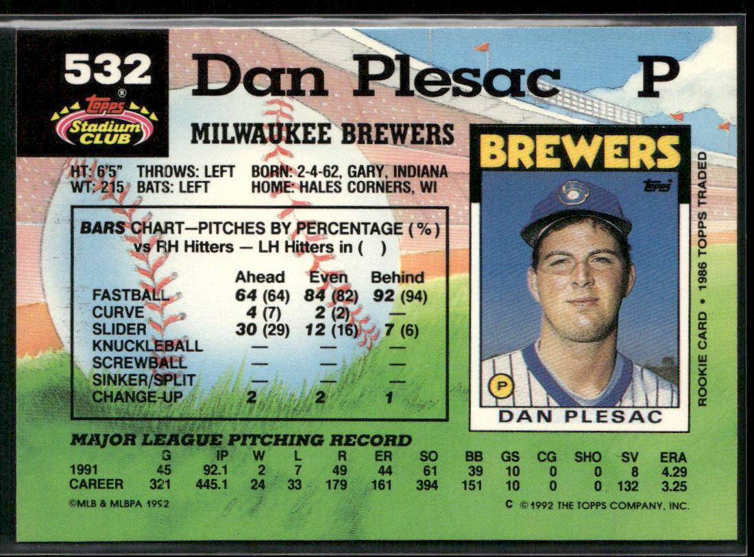 Dan Plesac 1992 Stadium Club #532 Milwaukee Brewers
