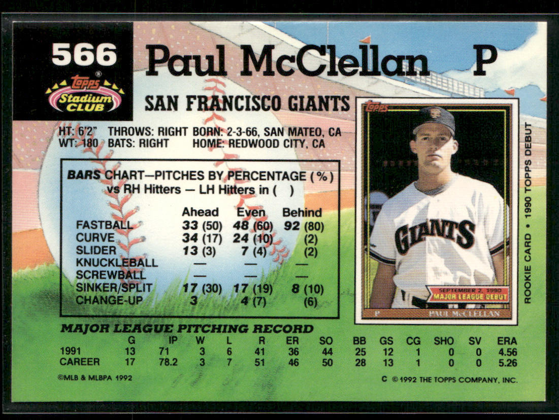 Paul McClellan 1992 Stadium Club #566b San Francisco Giants