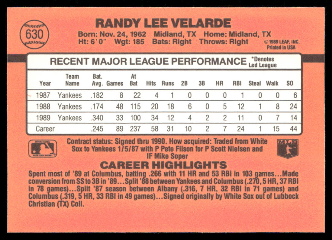 Randy Velarde 1990 Donruss #630 New York Yankees