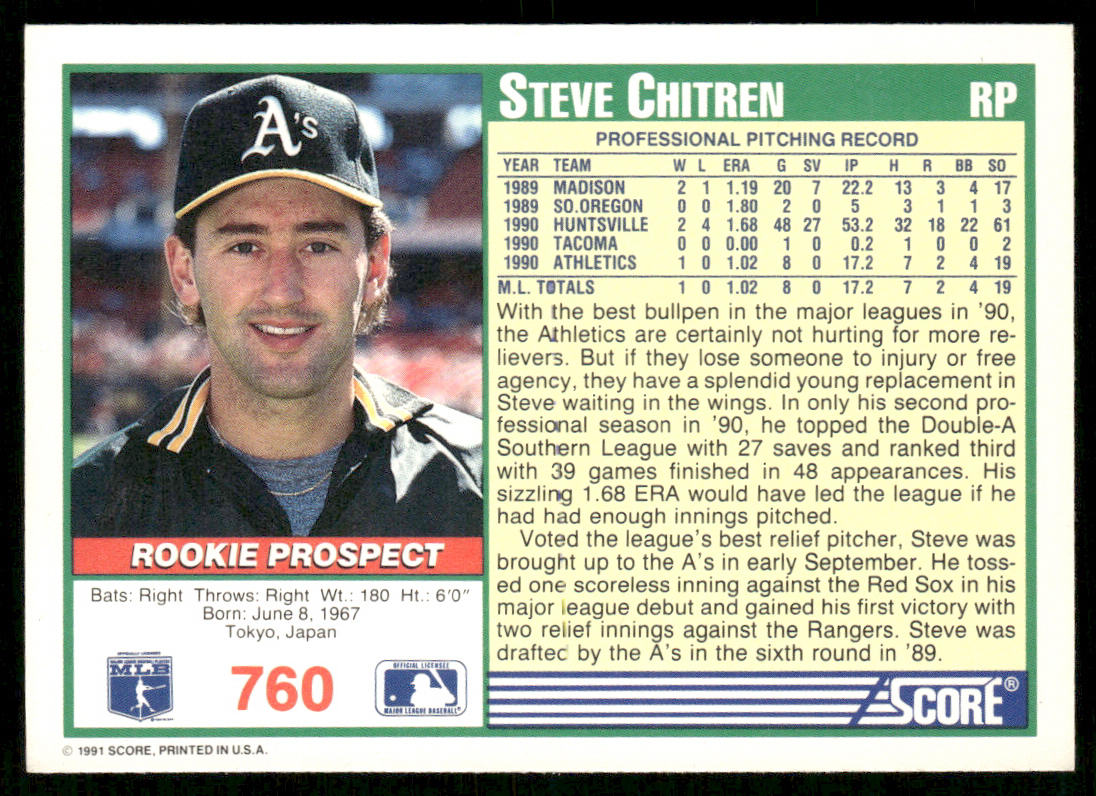 Steve Chitren 1991 Score #760 RC Oakland Athletics