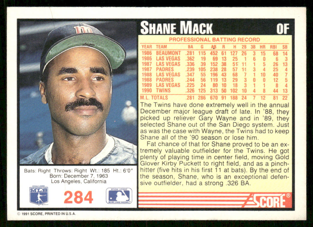 Shane Mack 1991 Score #284 Minnesota Twins