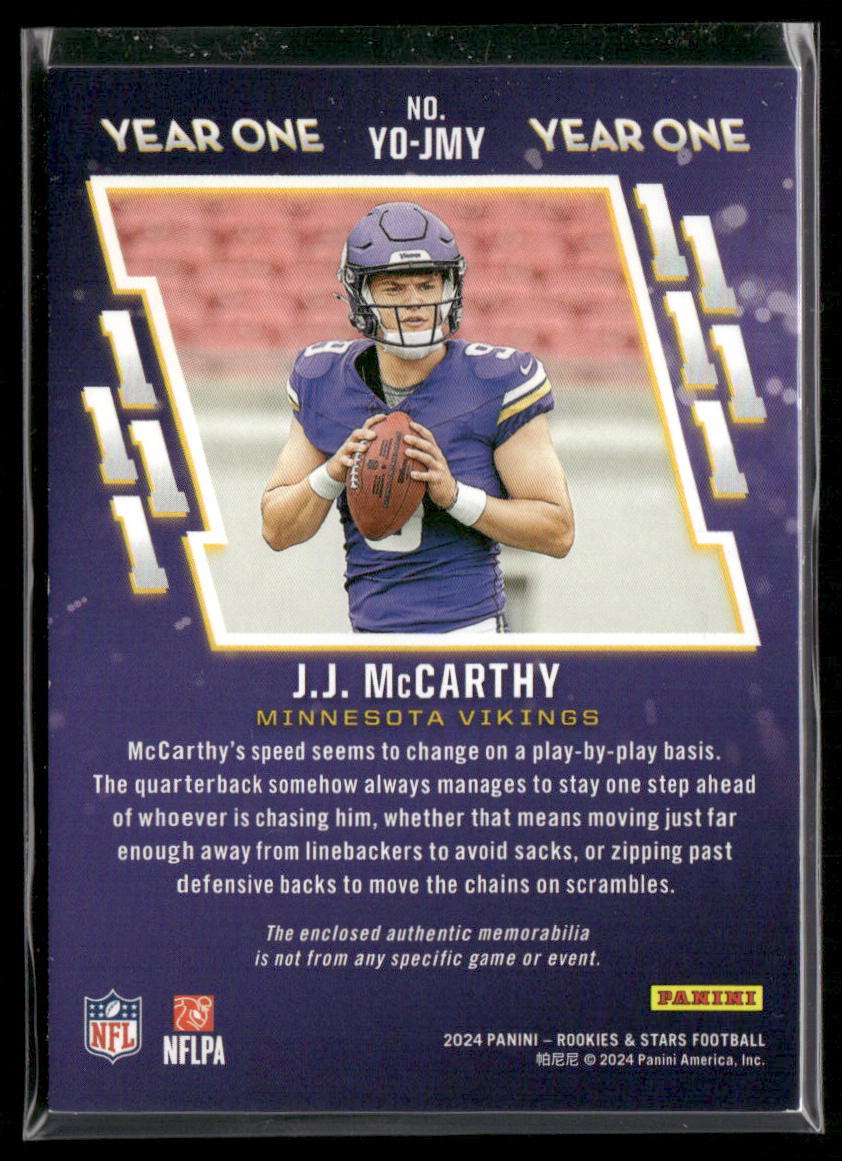 J.J. McCarthy 2024 Panini Rookies & Stars Year One Longevity #YO-JMY SN,MEM