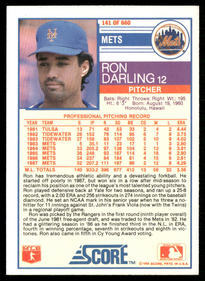 Ron Darling 1988 Score #141 New York Mets
