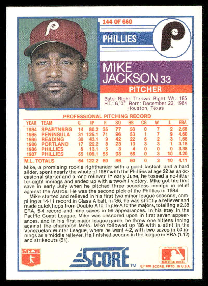 Mike Jackson 1988 Score #144 RC Philadelphia Phillies
