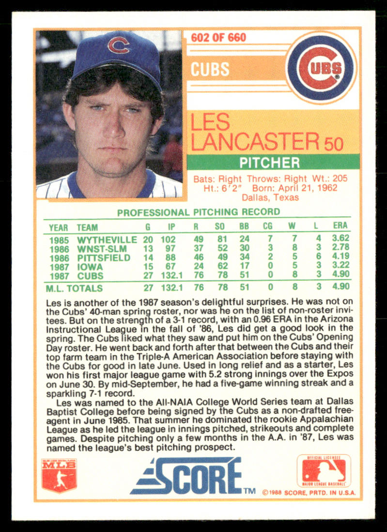 Les Lancaster 1988 Score #602 RC Chicago Cubs