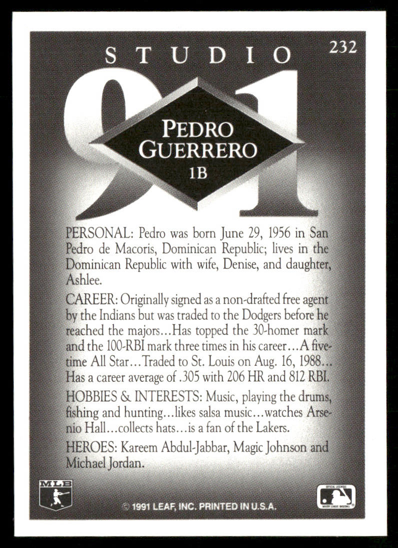Pedro Guerrero 1991 Studio #232 St. Louis Cardinals back