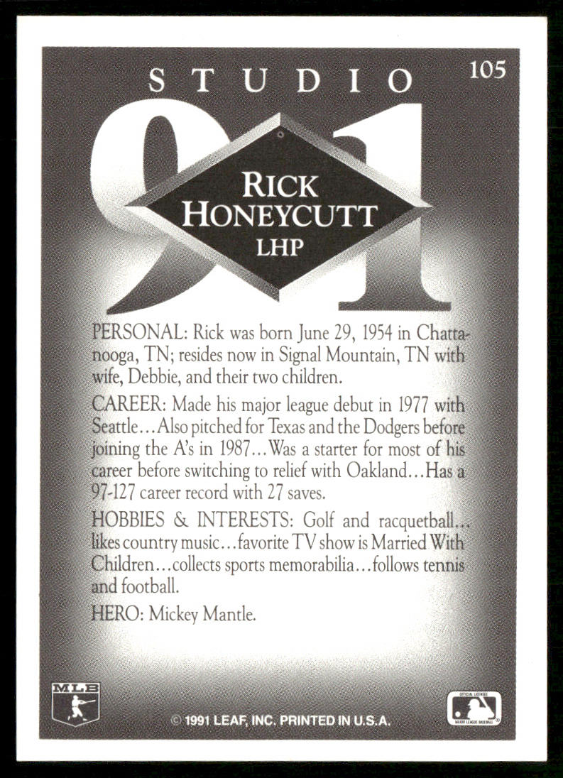 Rick Honeycutt 1991 Studio #105 Oakland Athletics back